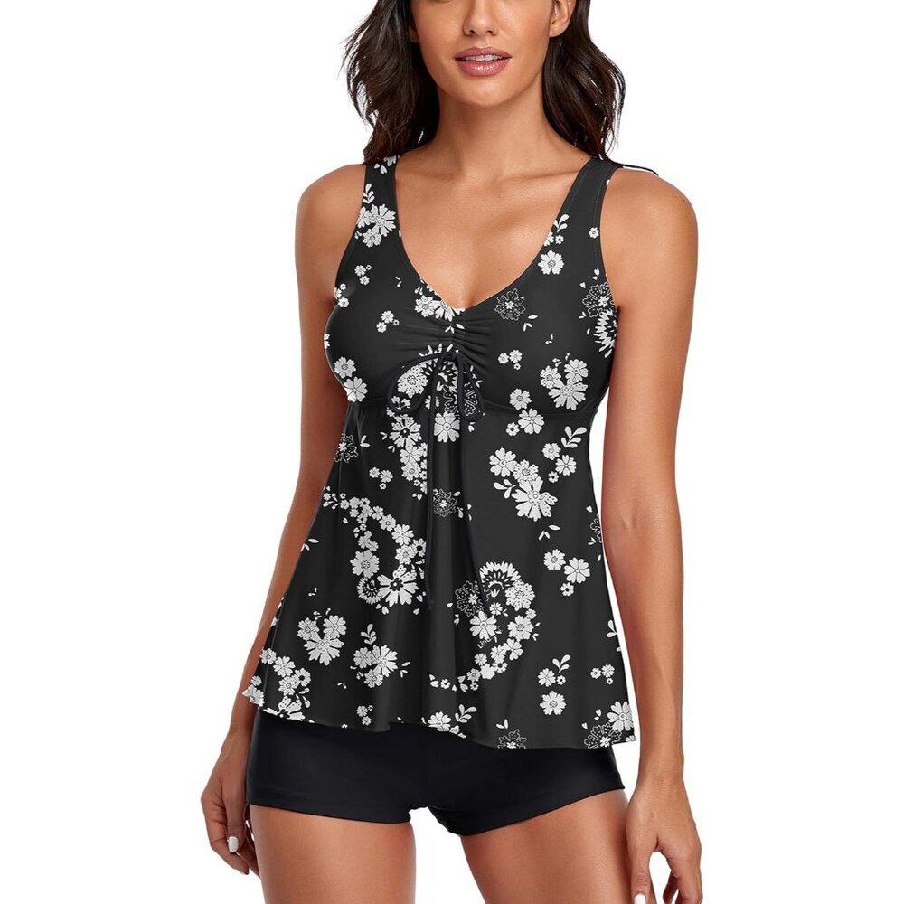 Modest Tankini Swimsuits Women Floral Print Two Piece with Boyshorts Medium